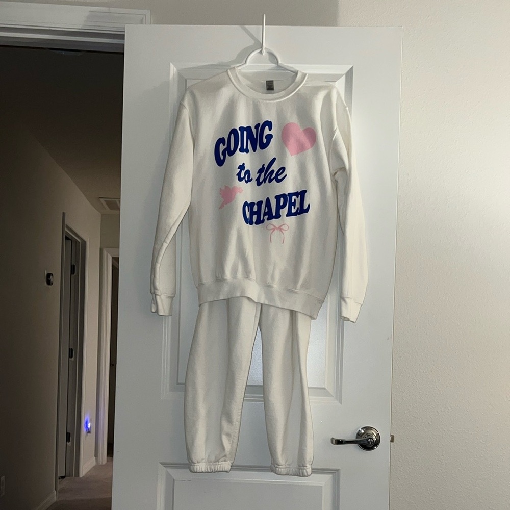 White “going to the chapel & we’re gonna get married” sweat suit. bride small